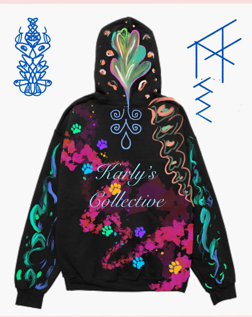 Design for art on a hoodie with an bold and colorful abstract design featuring cat paw prints