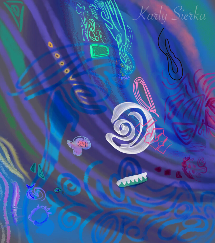 Abstract image in blues with some white and yellow accents