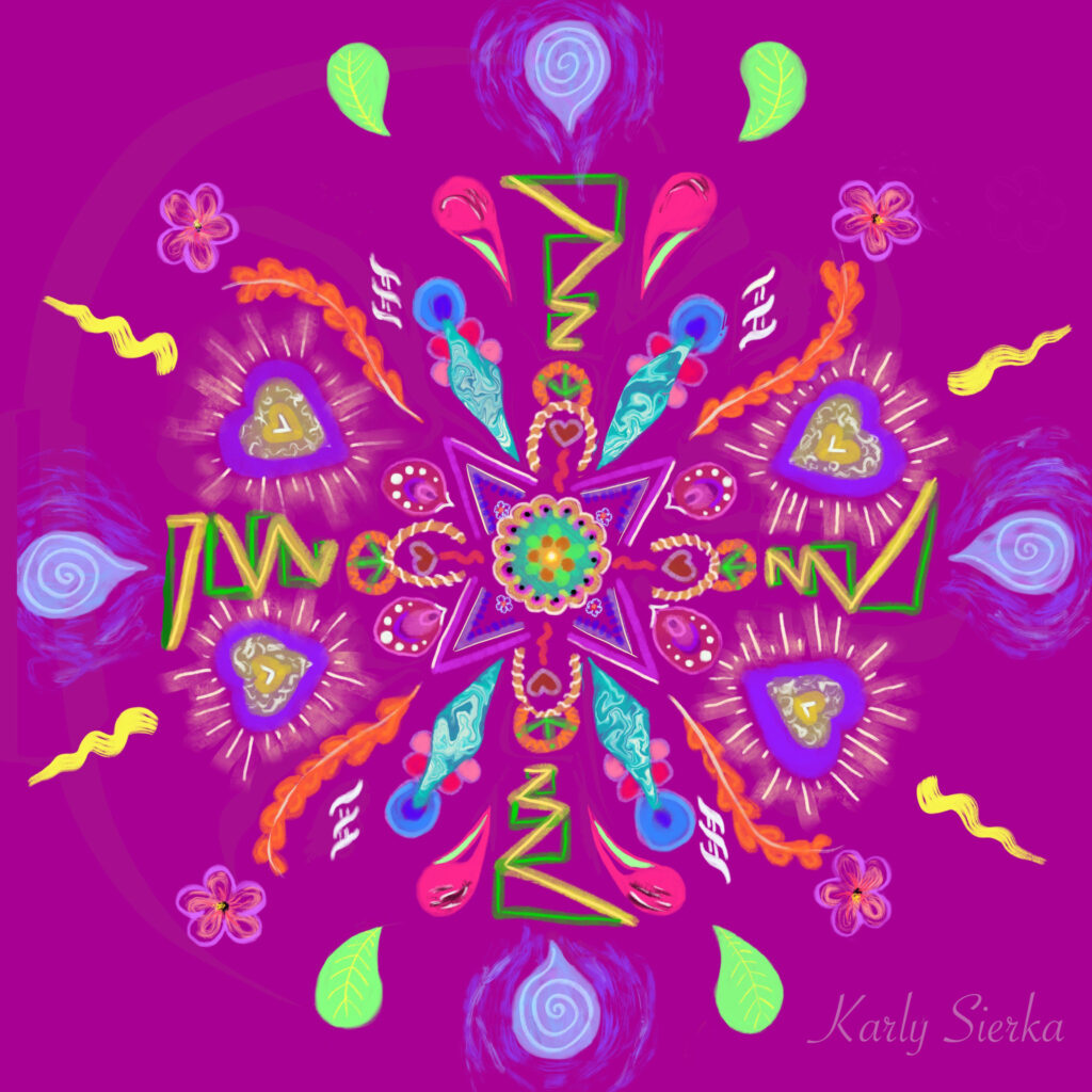 Abstract image of a symmetrical design with bold colors on a magenta background