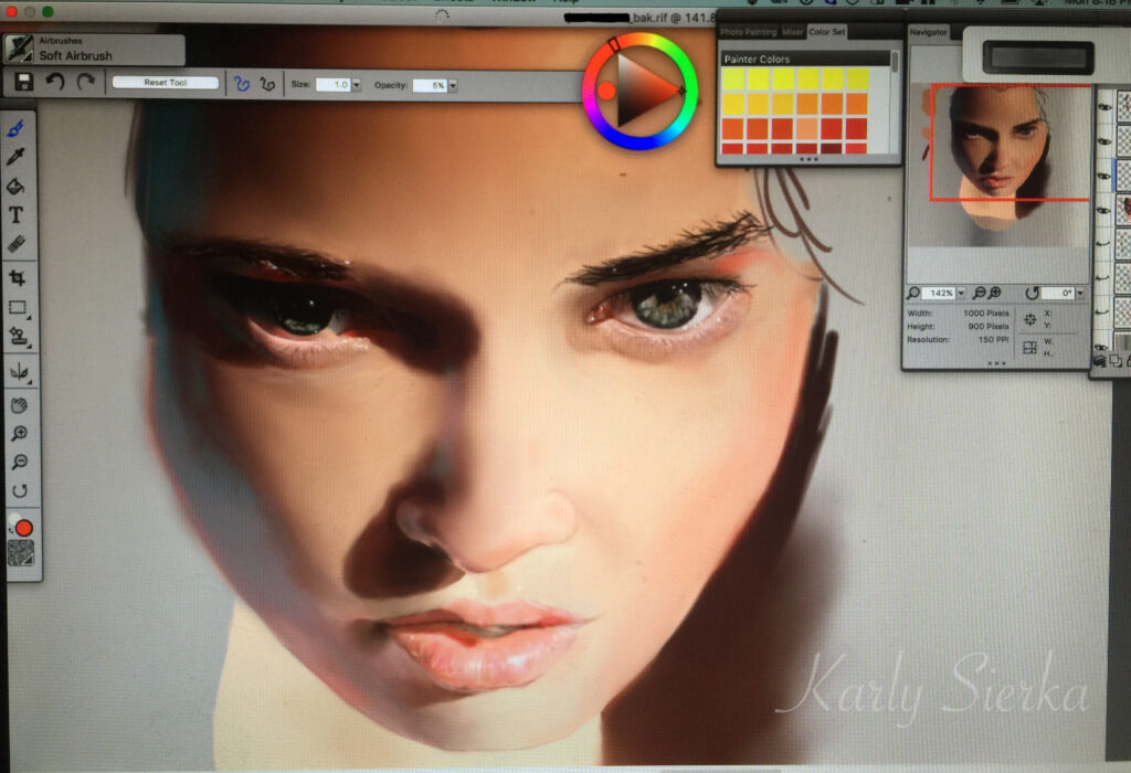 Digital art in progress of a face with detailed eyes