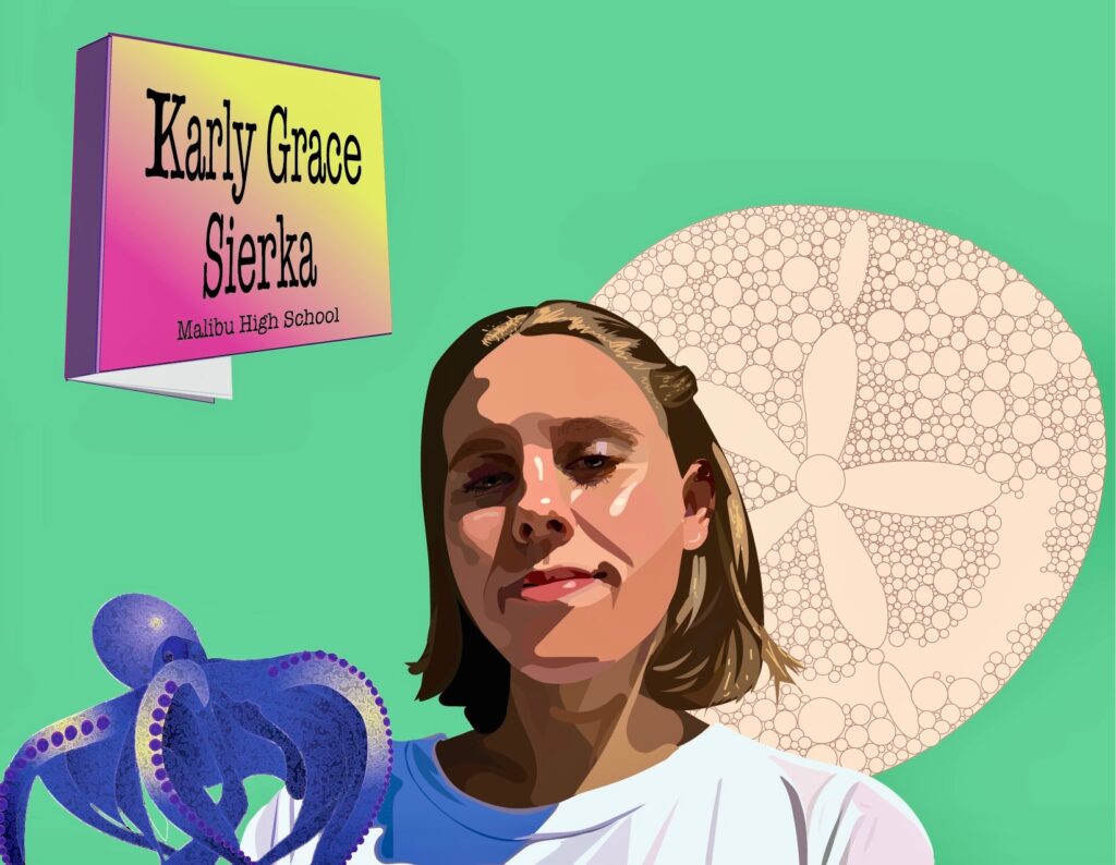 Illustration including a self-portrait and sea animals