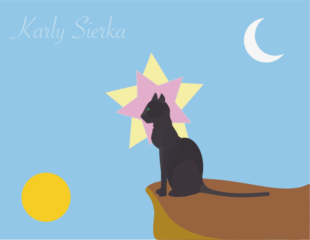 Playful digital illustration including a cat, sun, moon, and star